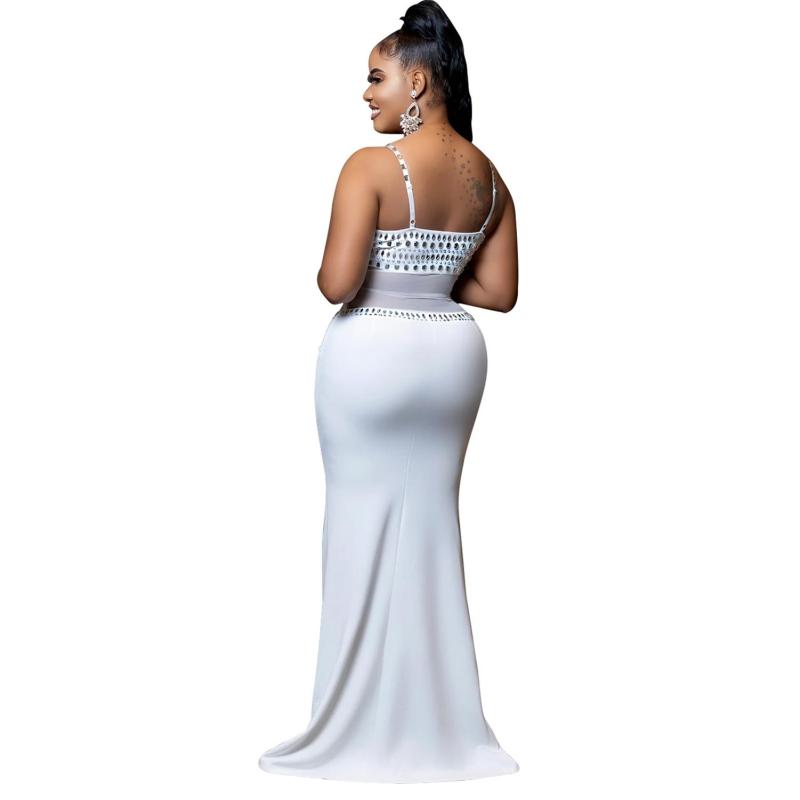 White Off Shoulder Mesh Diamonds Pleated Party Elegant Prom Maxi Dress
