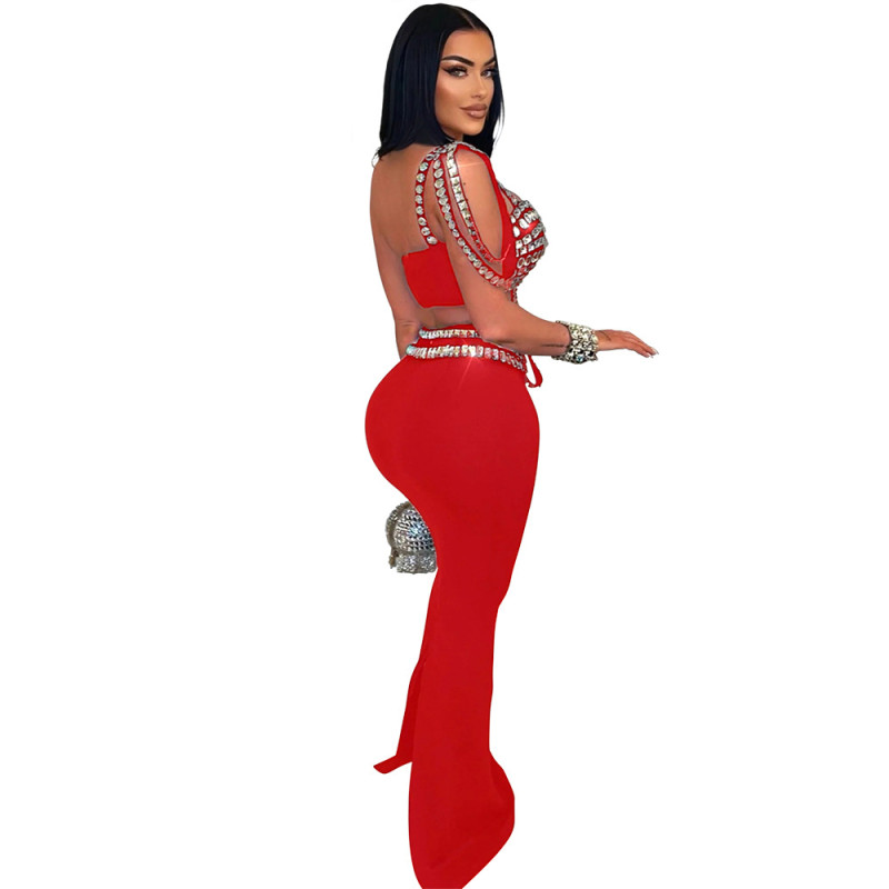 Red Off Shoulder Diamonds Crop Top Bodycon Evening Luxury Maxi Dress
