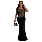 Black Off Shoulder Mesh Diamonds Pleated Party Elegant Prom Maxi Dress