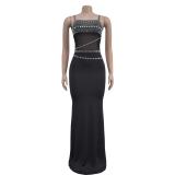 Black Off Shoulder Mesh Diamonds Pleated Party Elegant Prom Maxi Dress