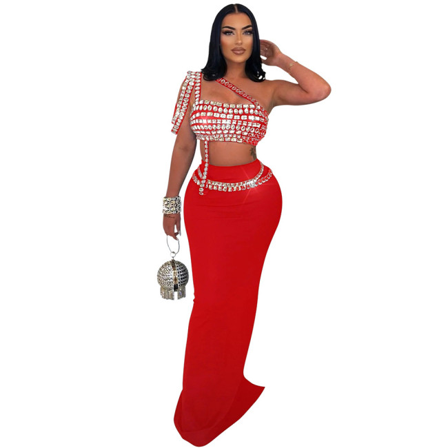 Red Off Shoulder Diamonds Crop Top Bodycon Evening Luxury Maxi Dress