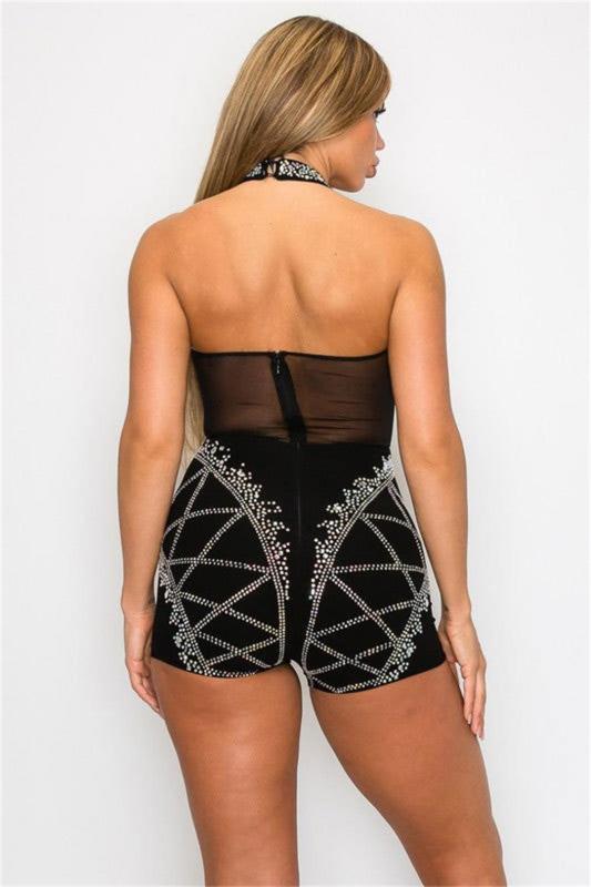 Black Mesh Neck Halter Rhinestones Party Street Sexy Rompers