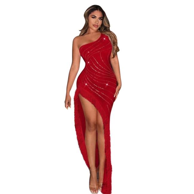 Red Halter Irregular Sleeveless Rhinestones Prom Party Tassels Maxi Dress