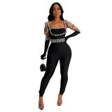 Black Straps Low Cut Sexy Diamonds Bodycon Party Jumpsuit Dress with Golves