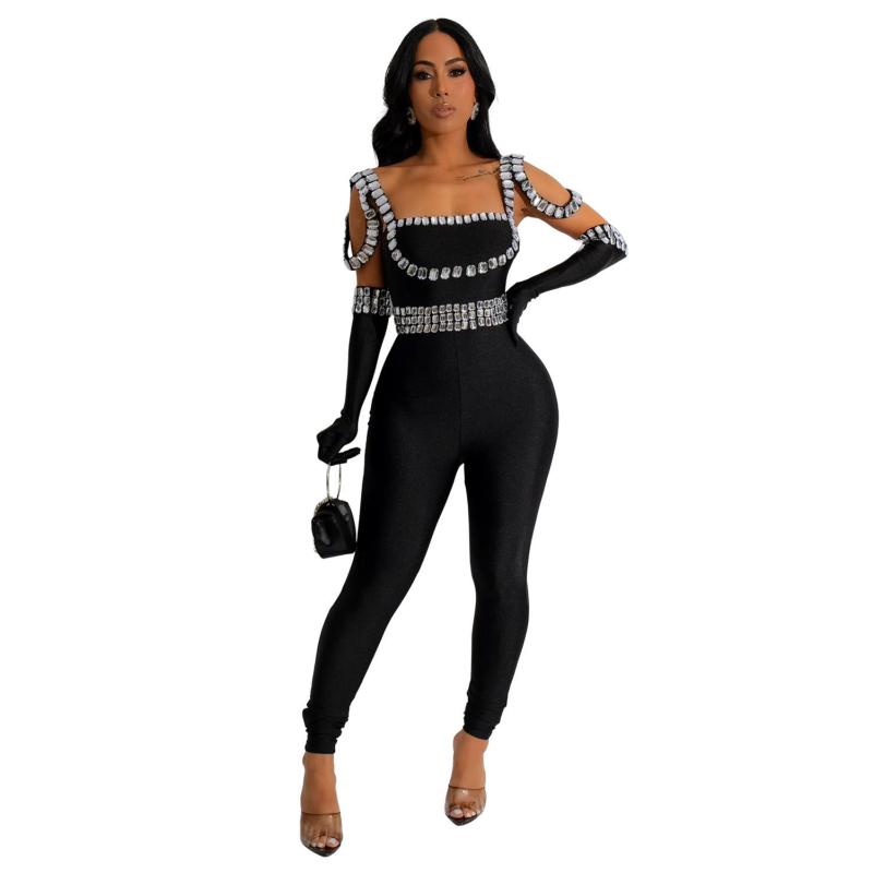 Black Straps Low Cut Sexy Diamonds Bodycon Party Jumpsuit Dress with Golves