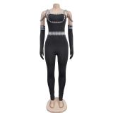 Black Straps Low Cut Sexy Diamonds Bodycon Party Jumpsuit Dress with Golves