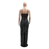 Black Khaki Mesh Halter Sexy See Through Luxury Women Prom Wedding Maxi Dress