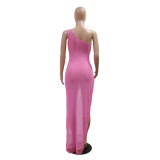 Pink Halter Irregular Sleeveless Rhinestones Prom Party Tassels Maxi Dress