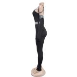Black Straps Low Cut Sexy Diamonds Bodycon Party Jumpsuit Dress with Golves