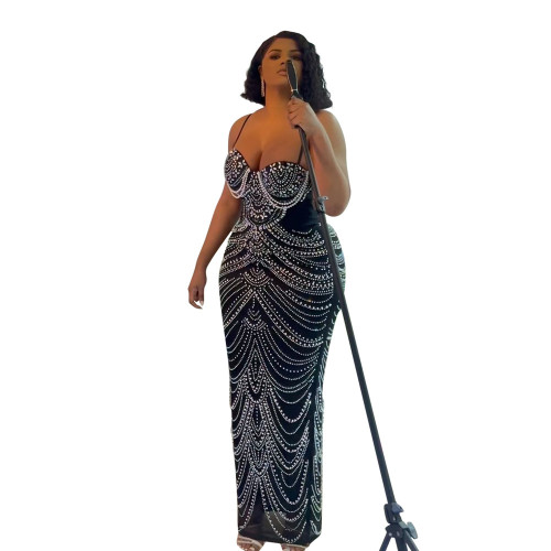 Black Khaki Mesh Halter Sexy See Through Luxury Women Prom Wedding Maxi Dress