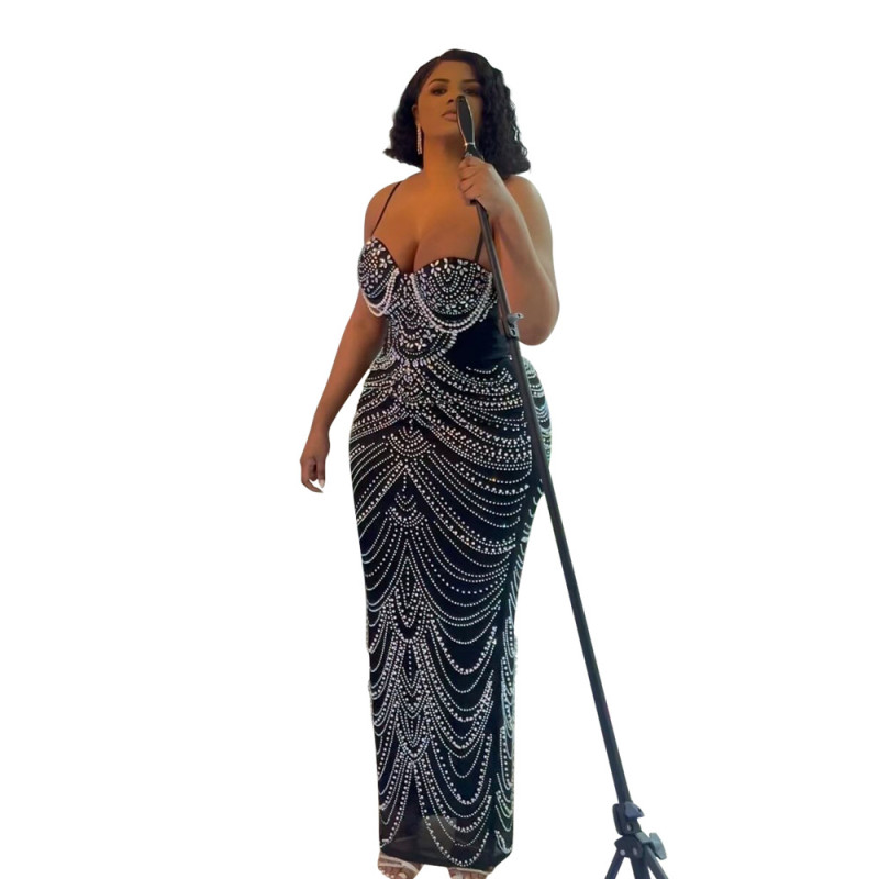 Black Khaki Mesh Halter Sexy See Through Luxury Women Prom Wedding Maxi Dress