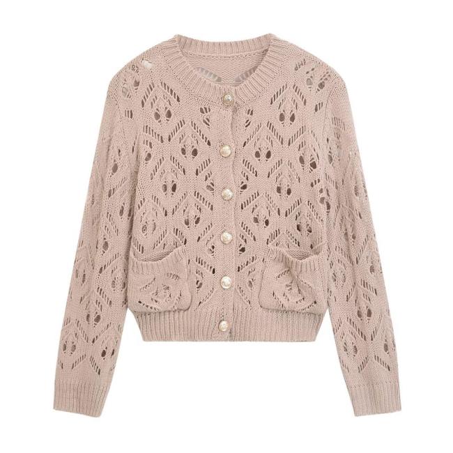 Khaki Hollow Out Knitted Sweaters Jacket
