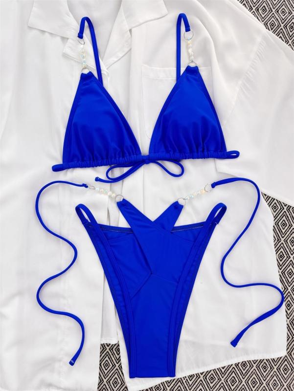 Blue Sexy Pearls Women Bikini Swimwear Sets