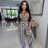 Black Two Pieces Printed Straps Wide Leg Pant Sets Dress