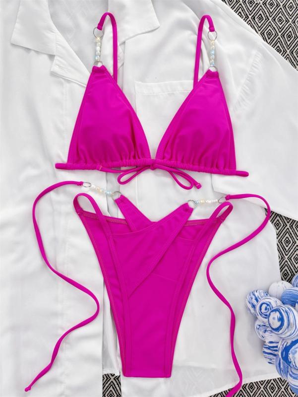 Rose Red Sexy Pearls Women Bikini Swimwear
