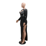 Black Long Sleeve Hollow Out V Neck Rhinestone Bodycon Slit Club Dress