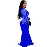Blue Long Sleeve Deep V Neck Rhinestones Elegant Bodycon Maxi Dress