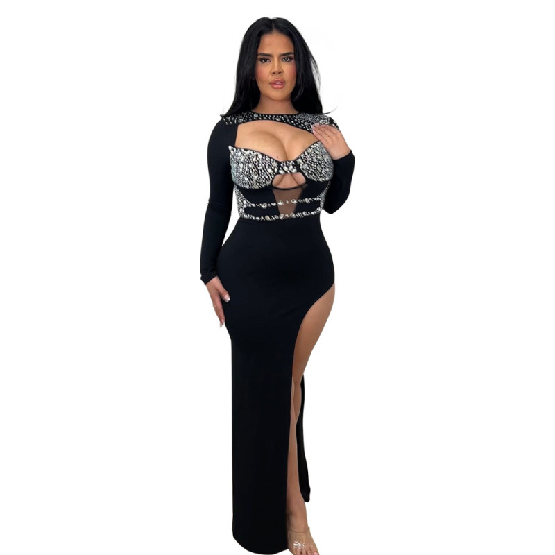 Black Long Sleeve Hollow Out V Neck Rhinestone Bodycon Slit Club Dress