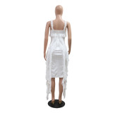 White Straps Sexy Mesh Ruffles Tassels Party Club Midi Dress