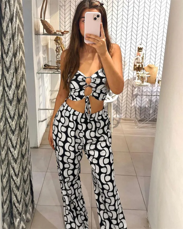 Black Two Pieces Printed Straps Wide Leg Pant Sets Dress