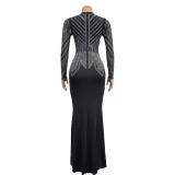 Black Long Sleeve Deep V Neck Rhinestones Elegant Bodycon Maxi Dress