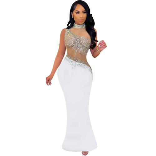 White Mesh Sleeveless Rhinestone See Through Bodycon Club Maxi Dress