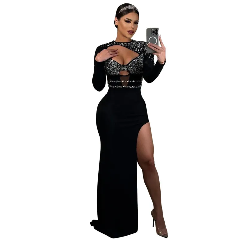Black Long Sleeve Hollow Out V Neck Rhinestone Bodycon Slit Club Dress
