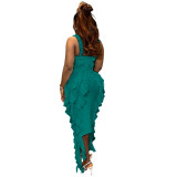 Green Straps Sexy Mesh Ruffles Tassels Party Club Midi Dress