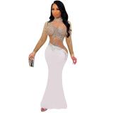 White Mesh Long Sleeve Rhinestone See Through Bodycon Club Maxi Dress