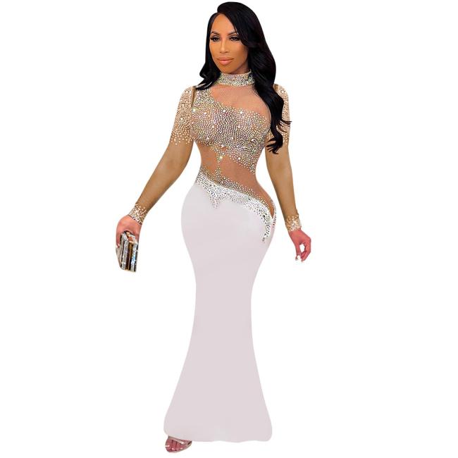 White Mesh Long Sleeve Rhinestone See Through Bodycon Club Maxi Dress