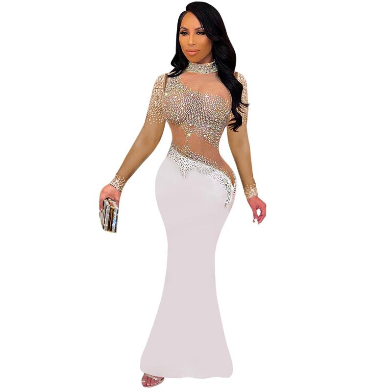 White Mesh Long Sleeve Rhinestone See Through Bodycon Club Maxi Dress