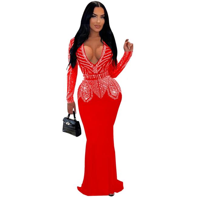 Red Long Sleeve Deep V Neck Rhinestones Elegant Bodycon Maxi Dress
