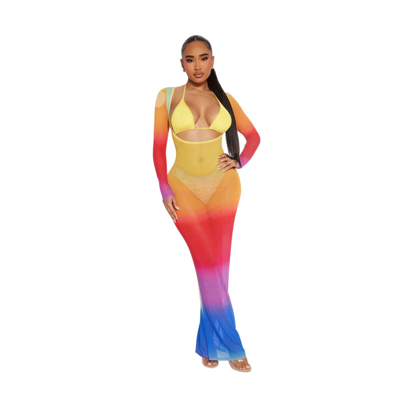 Yellow Long Sleeve Mesh See Through Sexy Long Dress with Underwear Sets