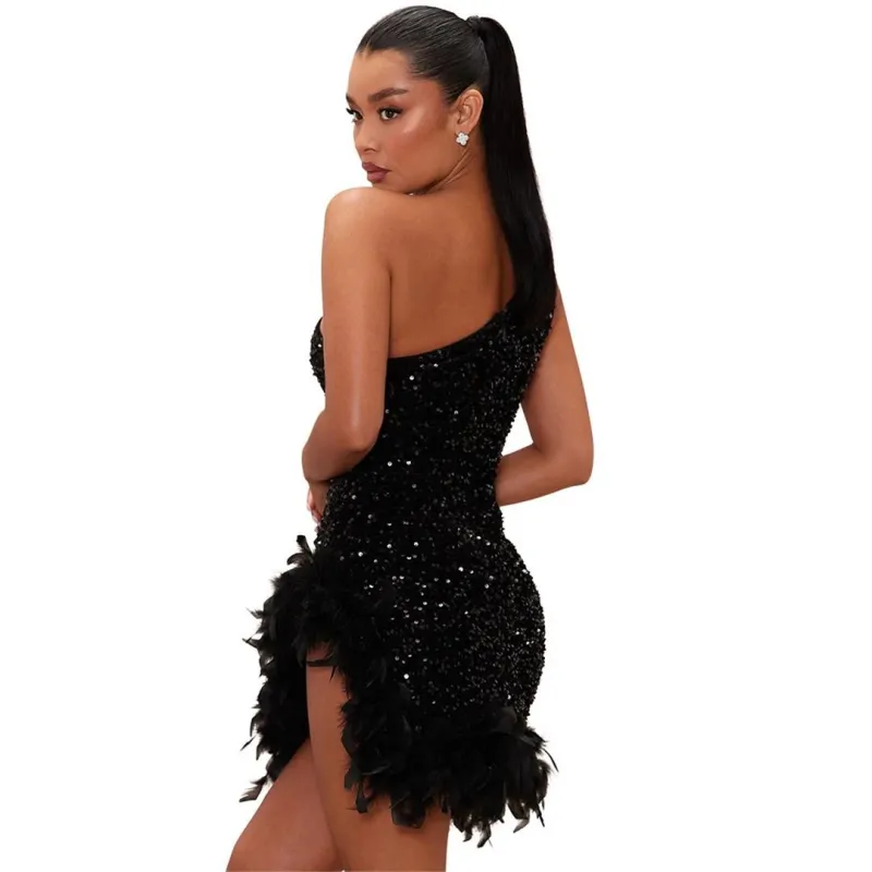Black Halter Sleeveless Sequins Bodycon Party Feather Mini Dress