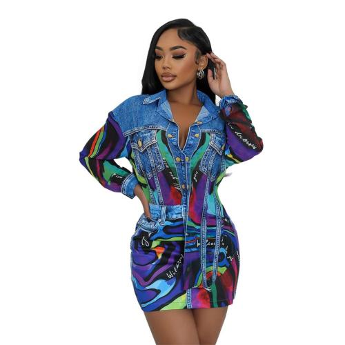 Blue Long Sleeve Button Two Pieces Crop Top Printed Short Skirt Sets