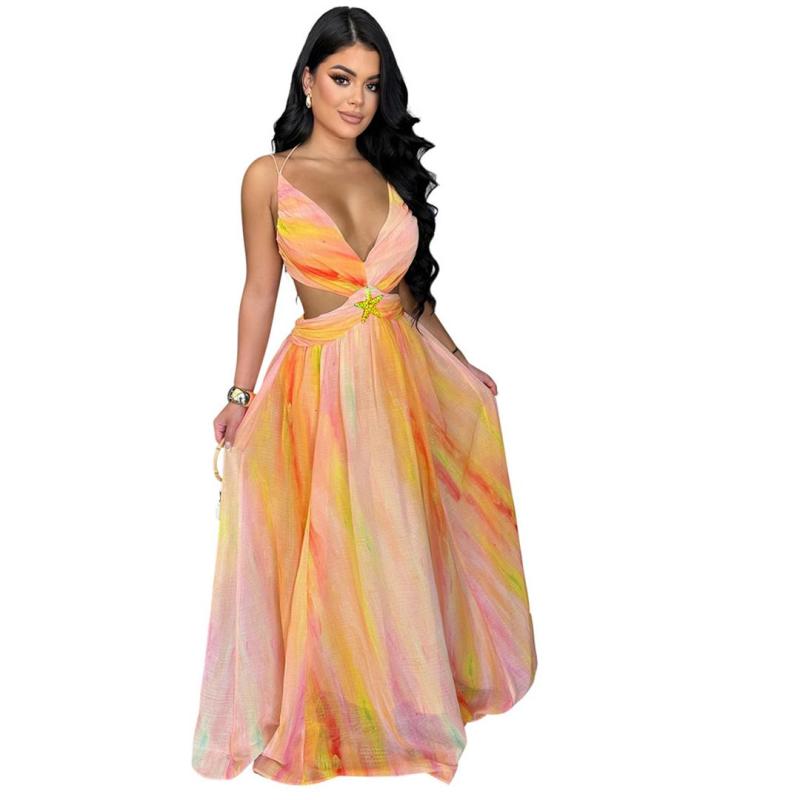 Orange Hollow Out Printed Chiffon Maxi Dress