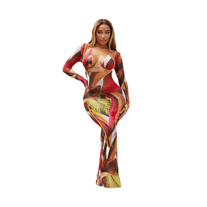 Red Long Sleeve Mesh See Through Sexy Long Dress with Underwear Sets