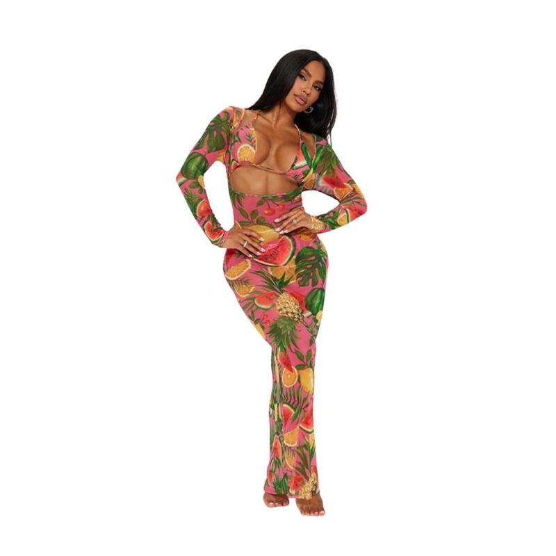 Green Long Sleeve Mesh See Through Sexy Long Dress with Underwear Sets