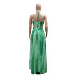 Green Hollow Out Printed Chiffon Maxi Dress