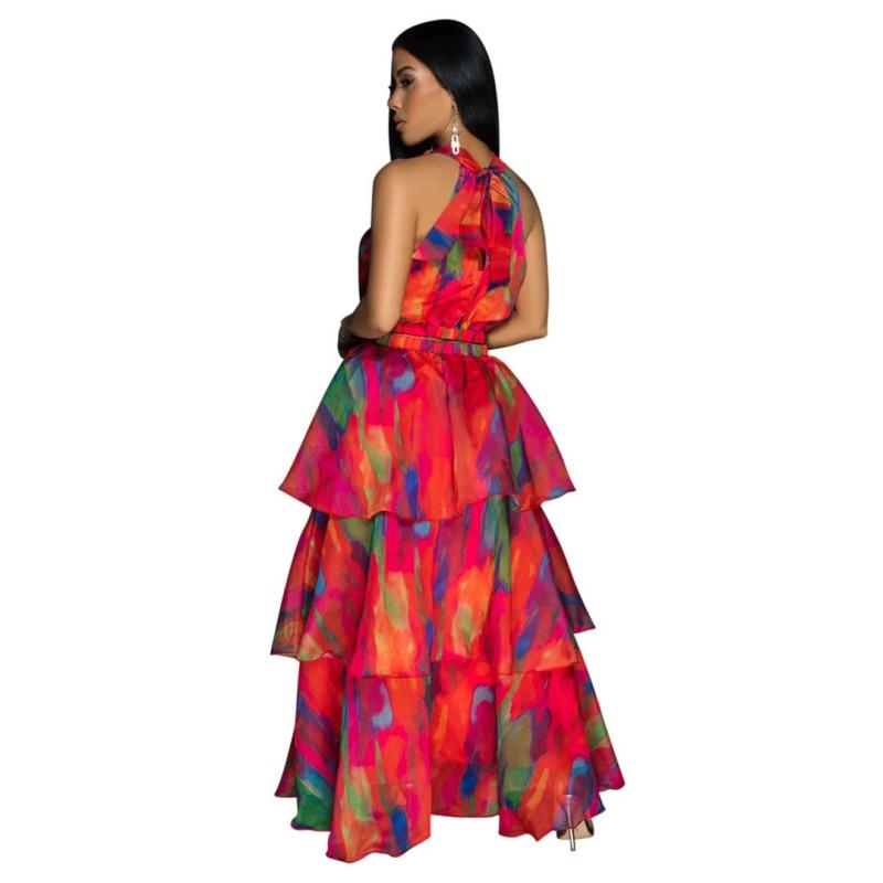 Red Off Shoulder Chiffon Deep V Neck Printed Casual Ruffles Floral Dress