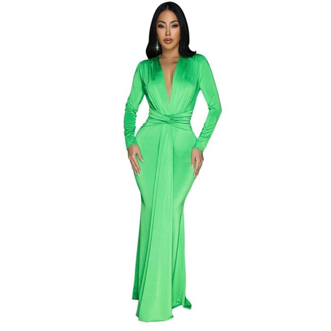Green Elegant Women Deep V Neck Pleated Evening Party Gown Maxi Dress