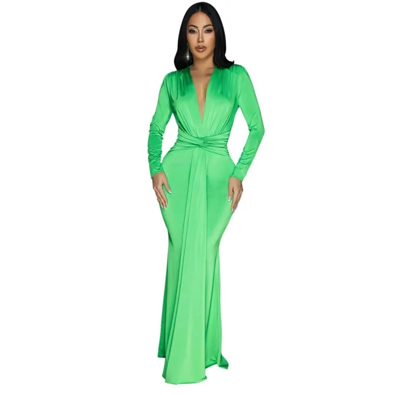 Green Elegant Women Deep V Neck Pleated Evening Party Gown Maxi Dress