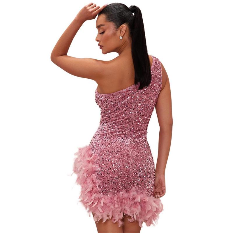 Pink Halter Sleeveless Sequins Bodycon Party Feather Mini Dress