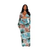 Blue Long Sleeve Mesh See Through Sexy Long Dress with Underwear Sets