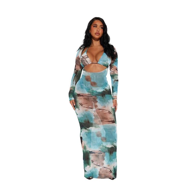 Blue Long Sleeve Mesh See Through Sexy Long Dress with Underwear Sets