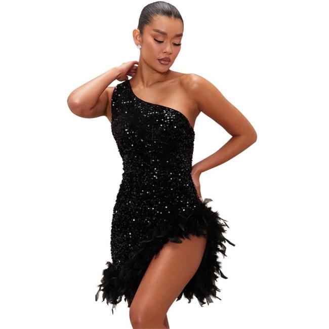 Black Halter Sleeveless Sequins Bodycon Party Feather Mini Dress