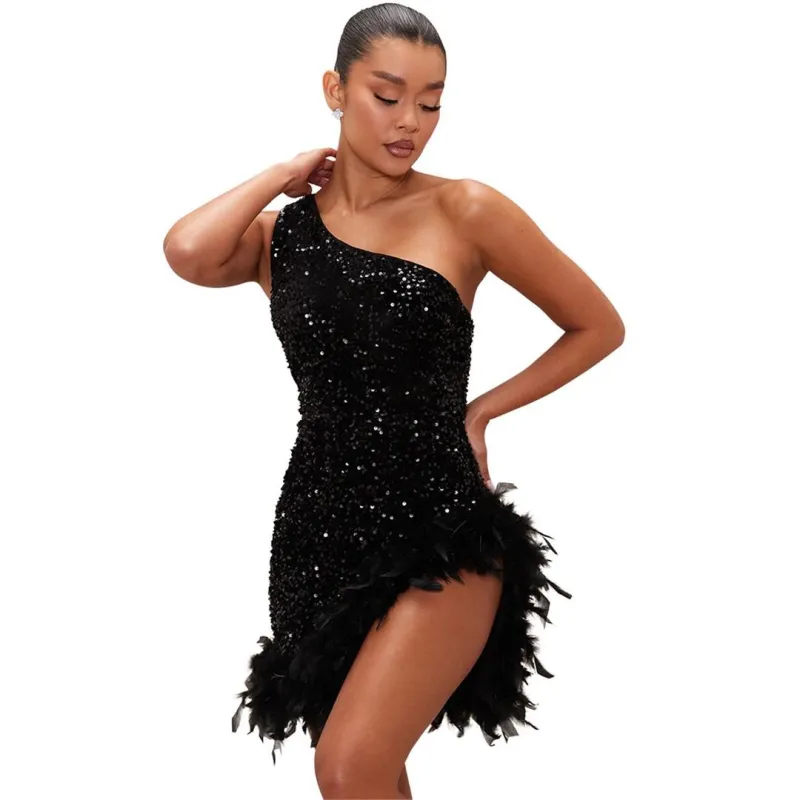 Black Halter Sleeveless Sequins Bodycon Party Feather Mini Dress
