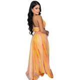 Orange Hollow Out Printed Chiffon Maxi Dress