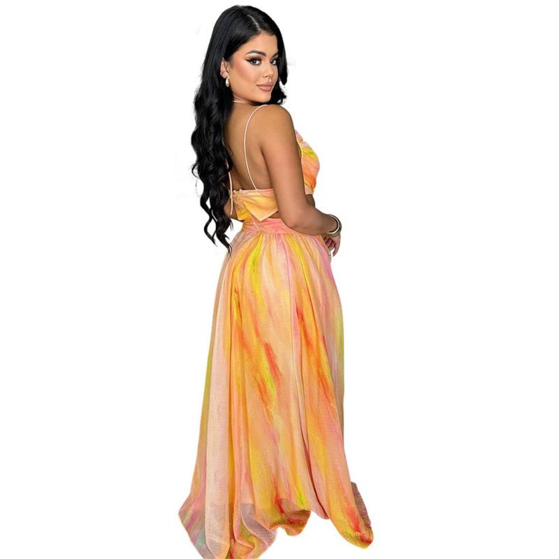 Orange Hollow Out Printed Chiffon Maxi Dress
