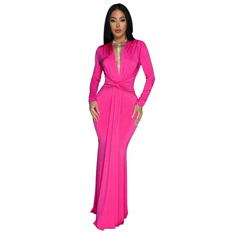 Rose Red Elegant Women Deep V Neck Pleated Evening Party Gown Maxi Dress